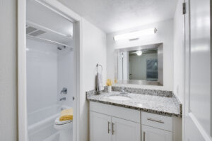 Interior view of a bathroom with white cabinets, grey granite countertops, and a door leading to a toilet and shower