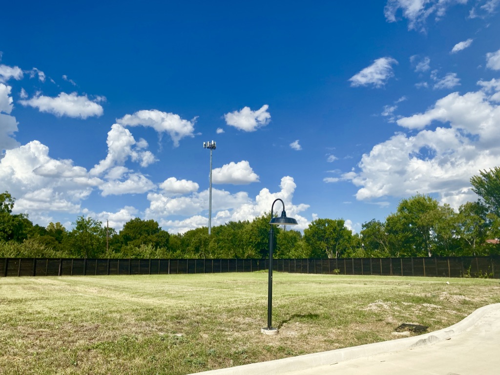 View of a wide-open green space with grass, a black fence, trees behind the fence, and a black lamp post