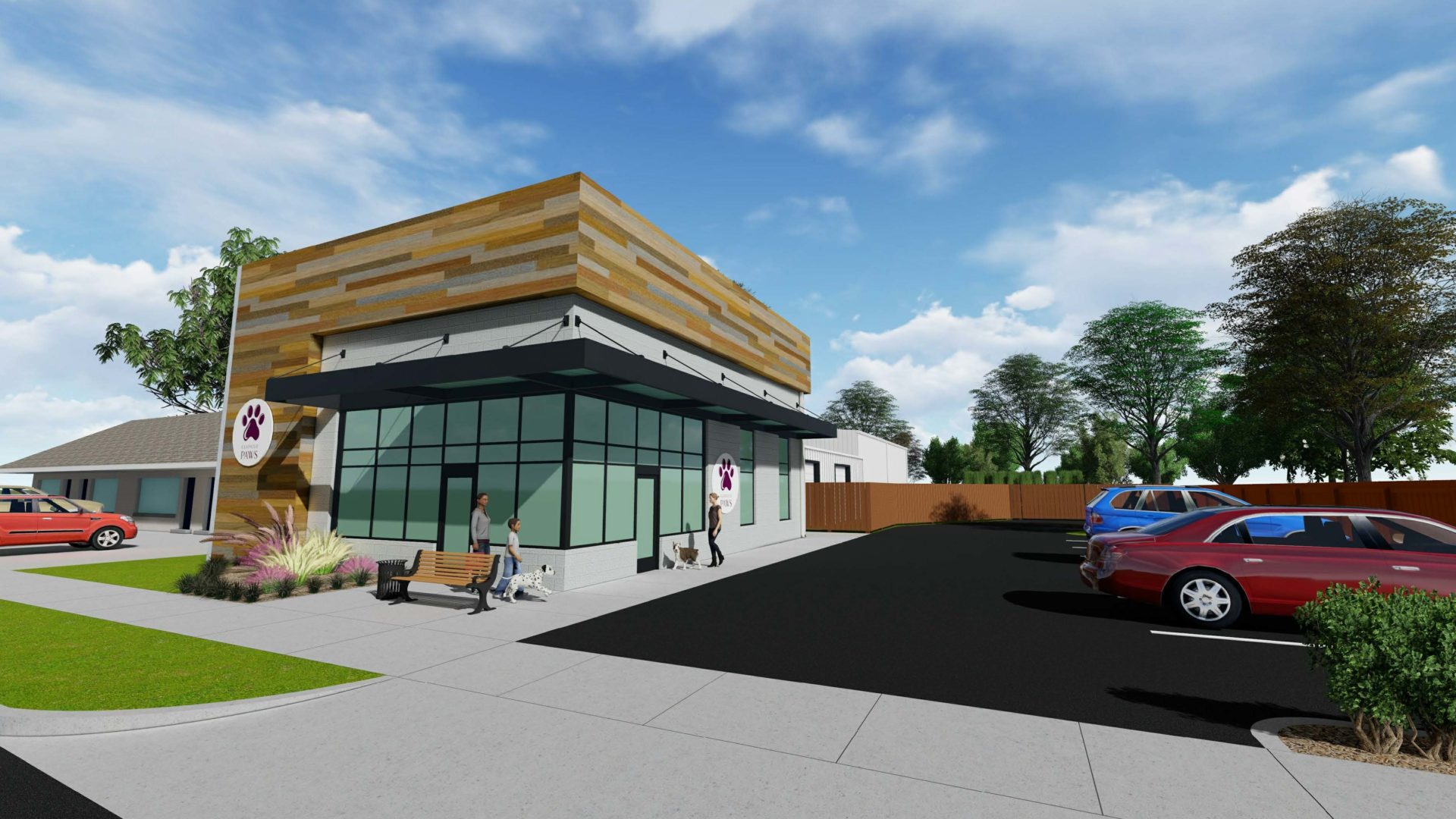 A exterior rendering of a new building with wooden siding, a bench outside, and a parking lot with cars